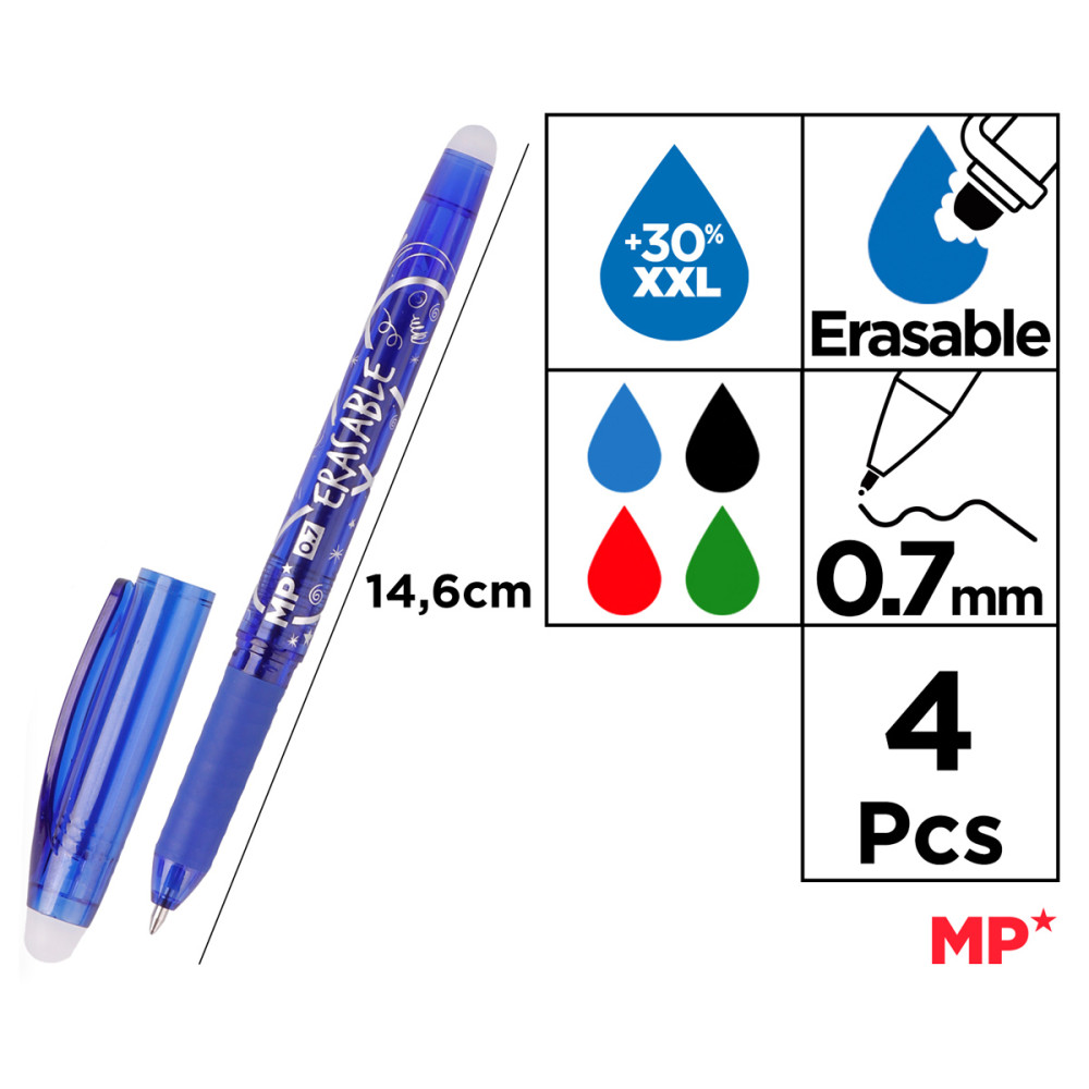 MP σετ στυλό διαρκείας PE217-2, erasable, 0.7mm, μπλε/μαύρο/πράσινο/κόκκινο, 4τμχ