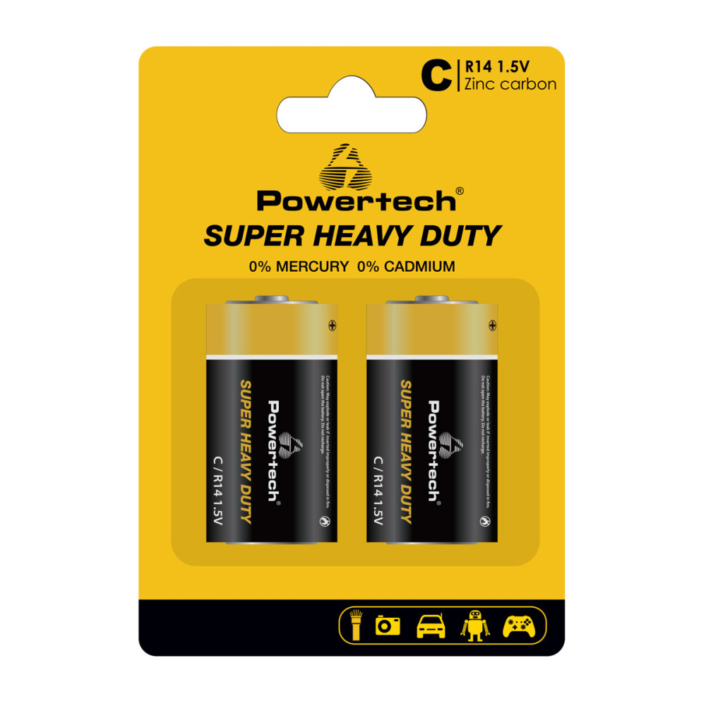 POWERTECH μπαταρίες Zinc Carbon Super Heavy Duty PT-1221, R14 1.5V, 2τμχ