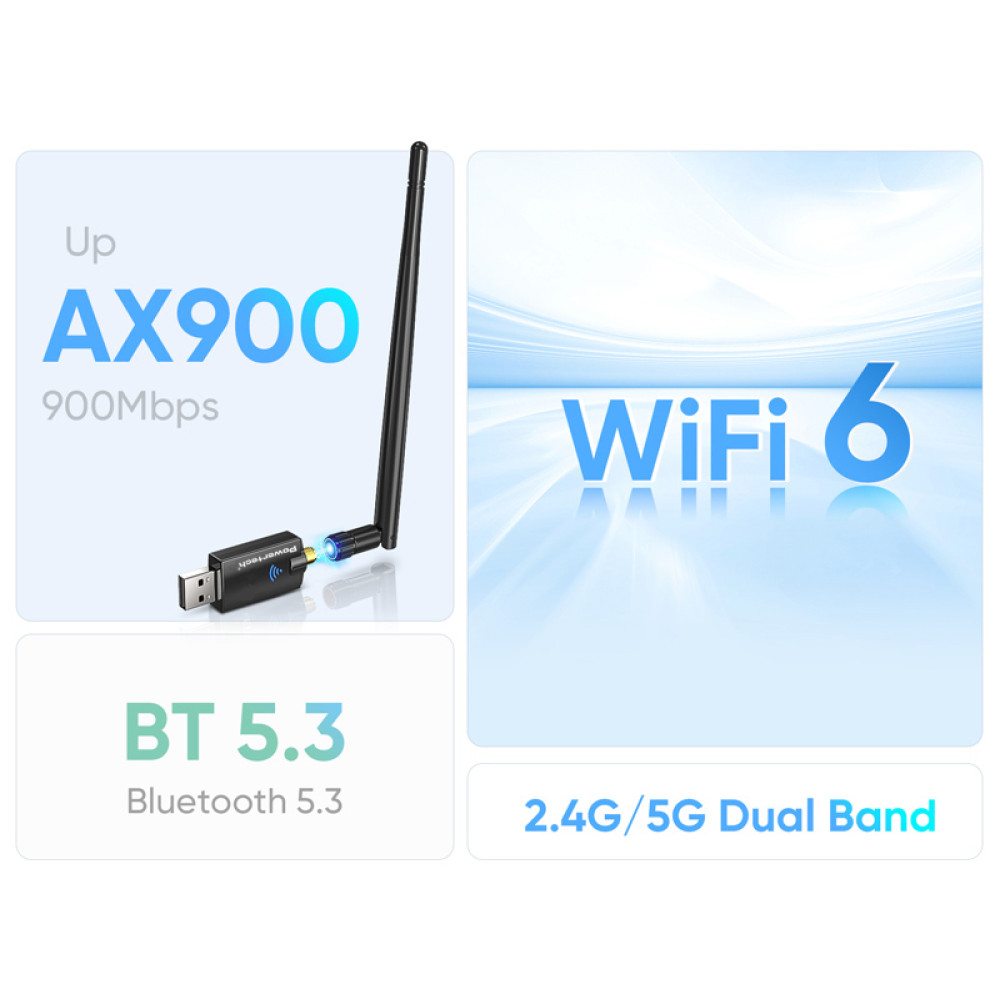 POWERTECH ασύρματος USB αντάπτορας δικτύου & Bluetooth 5.3 PT-1386, 900Mbps WiFi 6