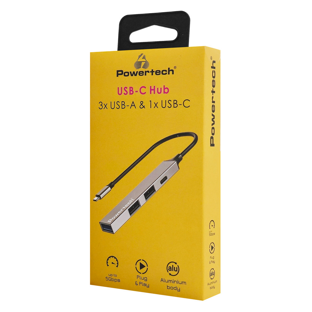 POWERTECH USB hub PT-1412, 4x θυρών, USB 3.2, 5Gbps, USB-C σύνδεση, γκρι