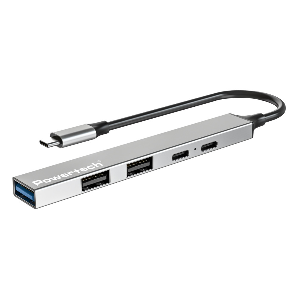 POWERTECH USB hub PT-1414, 5x θυρών, USB 3.2, 5Gbps, 100W, USB-C σύνδεση, γκρι