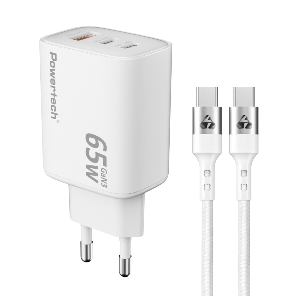 POWERTECH φορτιστής τοίχου PT-1415 με καλώδιο, USB/2x USB-C, 65W, GaN, λευκός