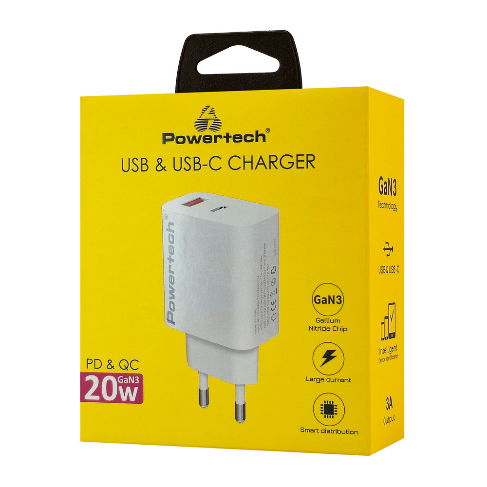 POWERTECH φορτιστής τοίχου PT-1437, USB/USB-C, 20W, GaN, λευκός