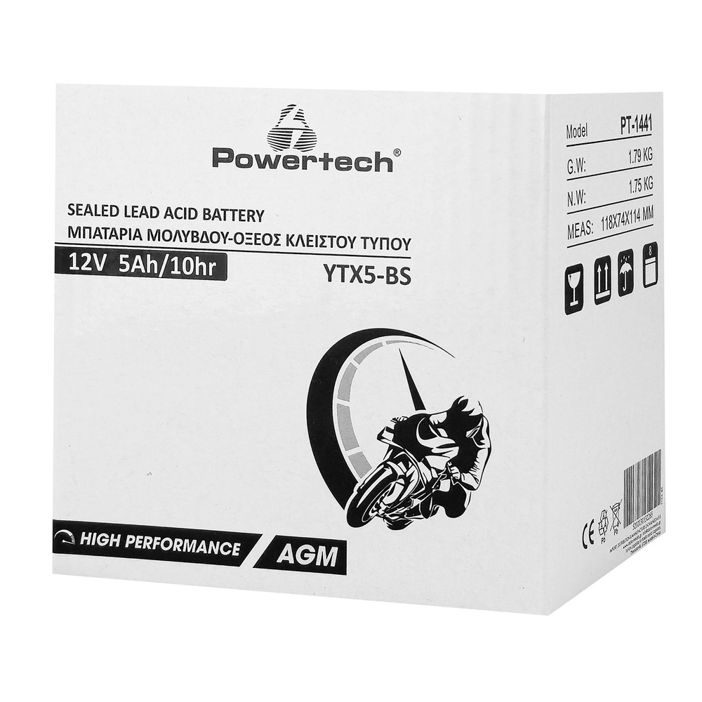 POWERTECH μπαταρία μολύβδου μοτοσυκλέτας PT-1441, 12V 5Ah, AGM, YTX5-BS