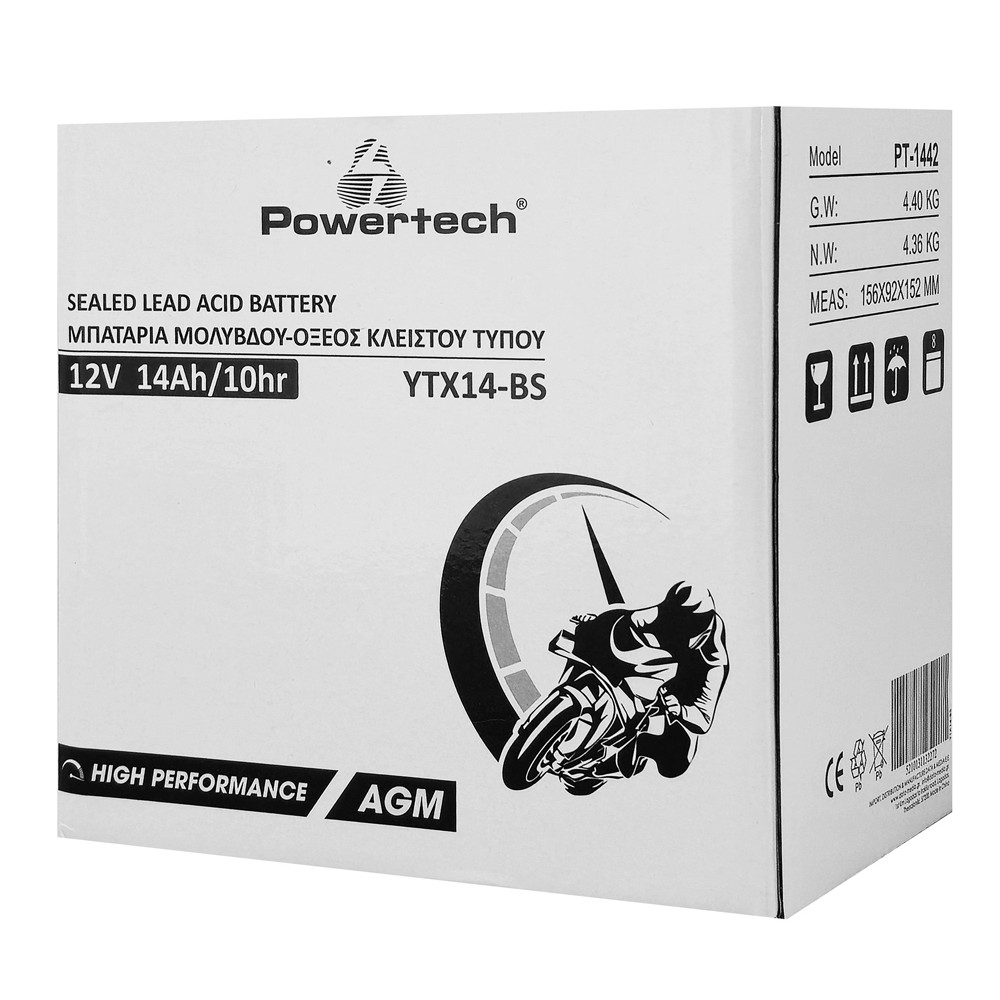 POWERTECH μπαταρία μολύβδου μοτοσυκλέτας PT-1442, 12V 14Ah, AGM, YTX14-BS