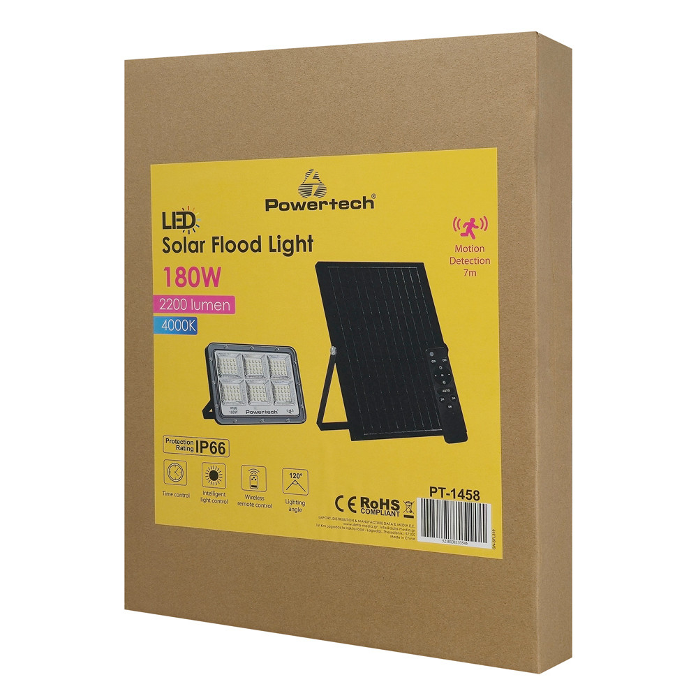 POWERTECH LED ηλιακός προβολέας PT-1458 με τηλεχειριστήριο, αισθητήρας κίνησης, 180W, 4000K, 2000lm, IP66