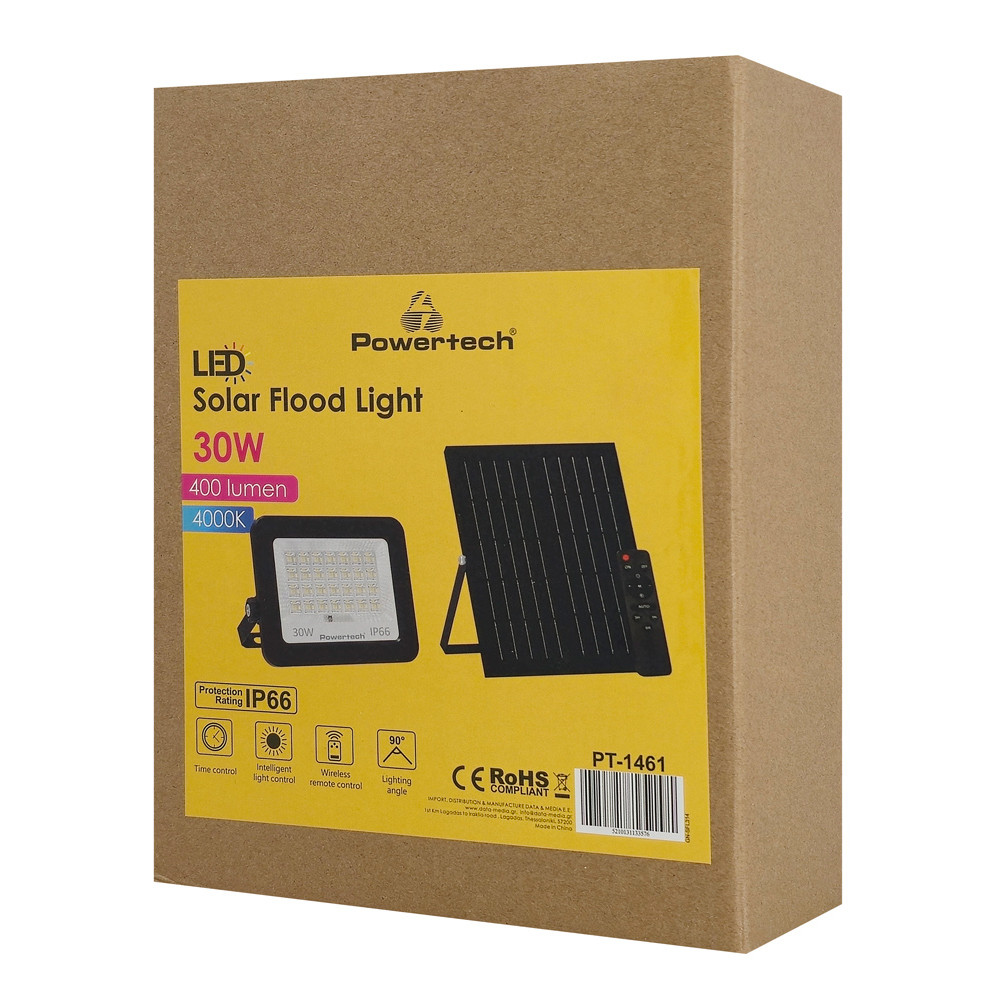 POWERTECH LED ηλιακός προβολέας PT-1461 με τηλεχειριστήριο, 30W, 4000K, 400lm, IP66