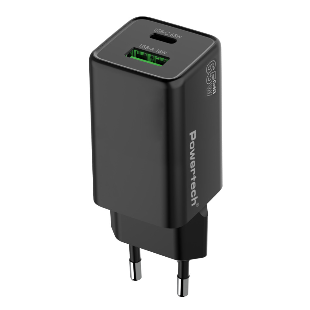 POWERTECH φορτιστής τοίχου PT-1501, USB/USB-C, 65W, GaN, μαύρος