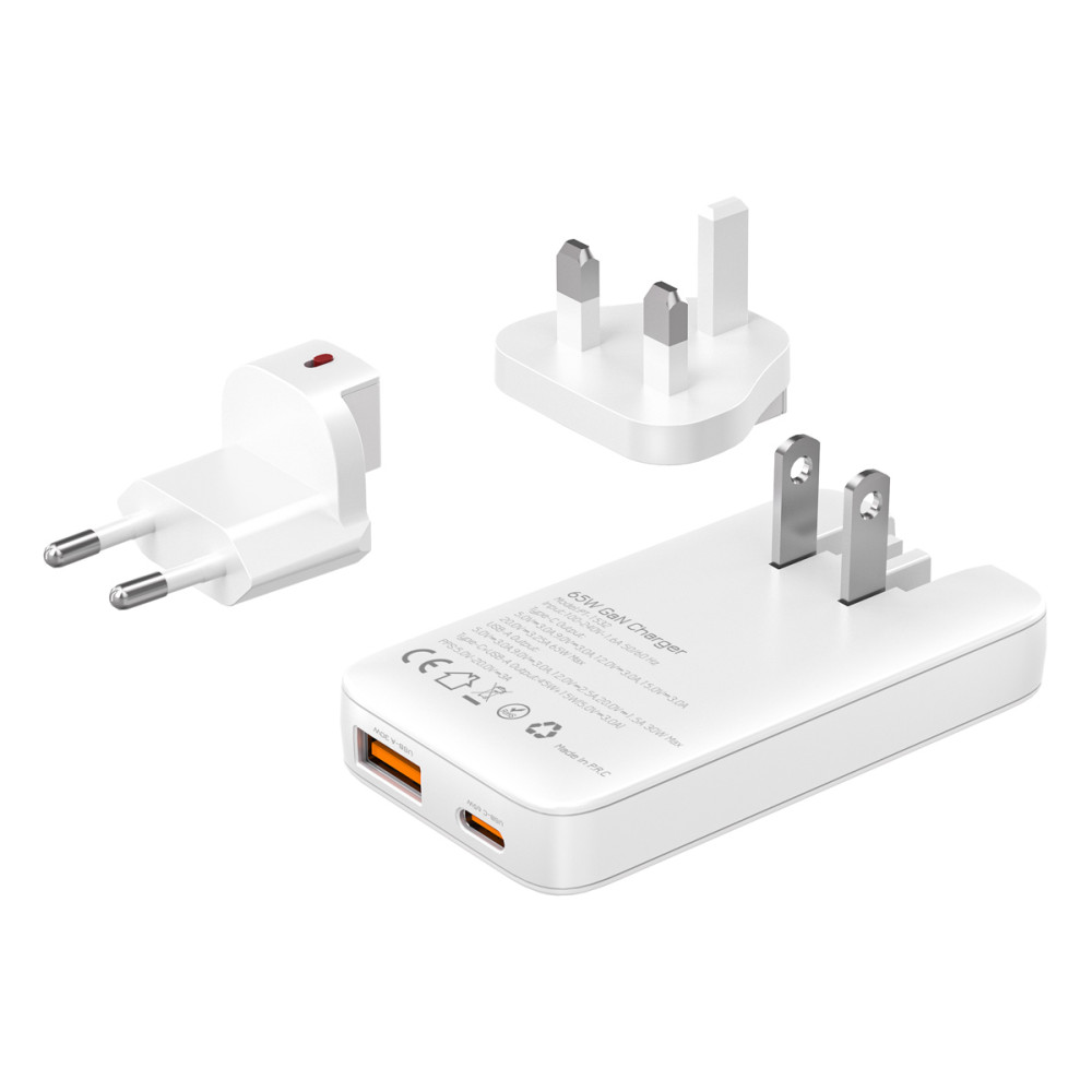 POWERTECH φορτιστής τοίχου PT-1532, EU/UK/CN βύσμα, USB/USB-C, 65W, GaN, λευκός