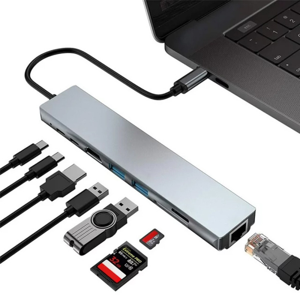 POWERTECH docking station PT-1536, 8 θυρών, USB-C σύνδεση, 87W PD, 100Mbps, γκρι