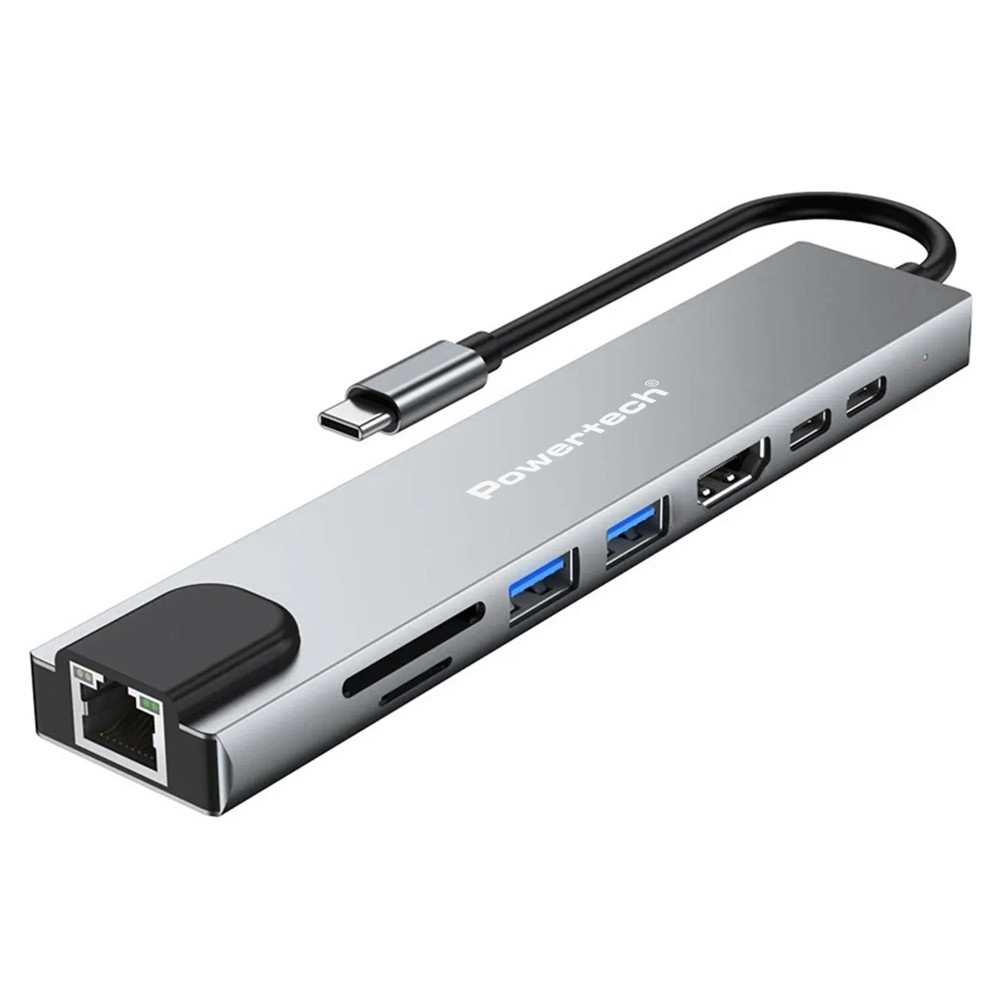 POWERTECH docking station PT-1536, 8 θυρών, USB-C σύνδεση, 87W PD, 100Mbps, γκρι