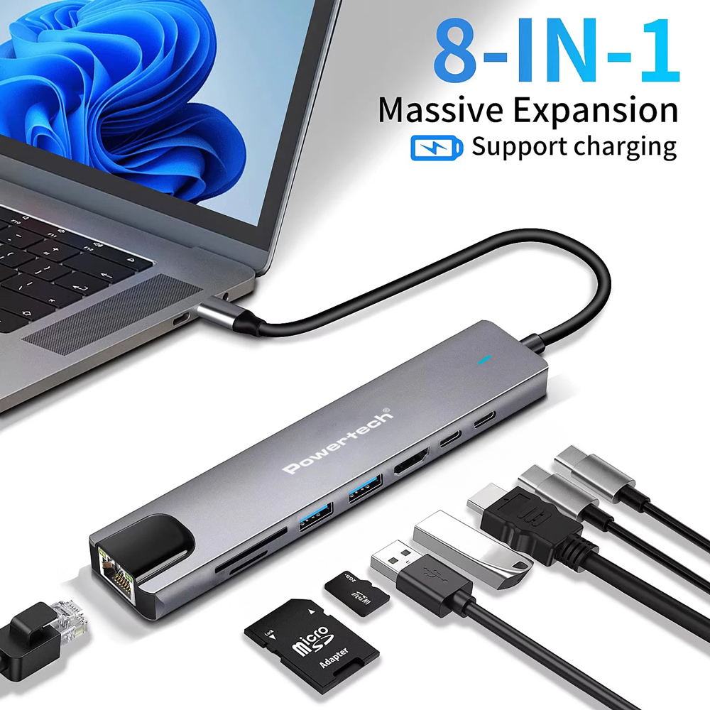 POWERTECH docking station PT-1537, 8 θυρών, USB-C σύνδεση, 100W PD, 1000Mbps, γκρι