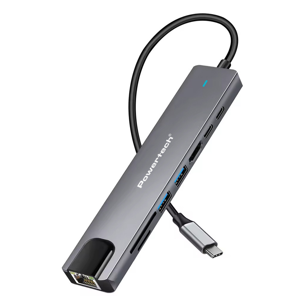 POWERTECH docking station PT-1537, 8 θυρών, USB-C σύνδεση, 100W PD, 1000Mbps, γκρι