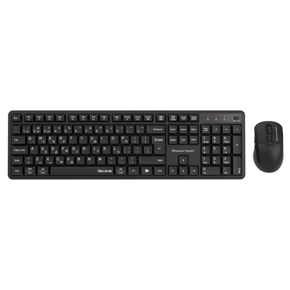 POWERTECH set ασύρματο ποντίκι & πληκτρολόγιο PT-1540, 2.4GHz & Bluetooth, αθόρυβο, μαύρο