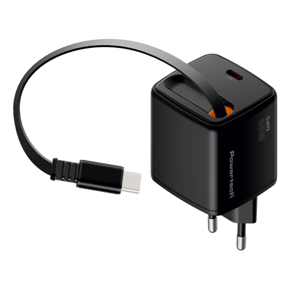 POWERTECH φορτιστής τοίχου PT-1573 με πτυσσόμενο καλώδιο, USB-C, 65W, GaN, μαύρος