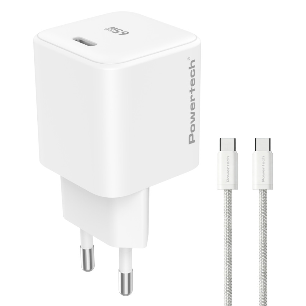 POWERTECH φορτιστής τοίχου PT-1577 με καλώδιο, USB-C, 65W, GaN, AVS, λευκός