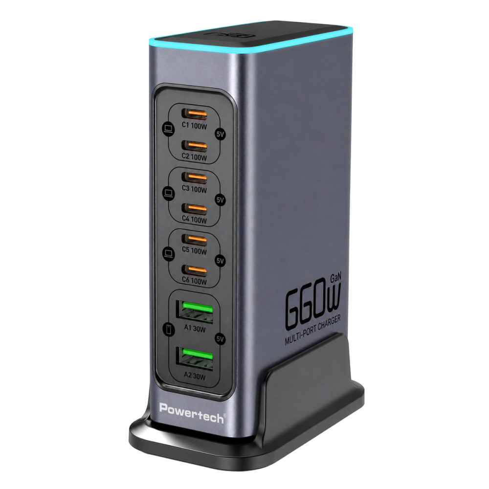 POWERTECH σταθμός φόρτισης PT-1621, 2x USB & 6x USB-C, GaN, 140W, γκρι