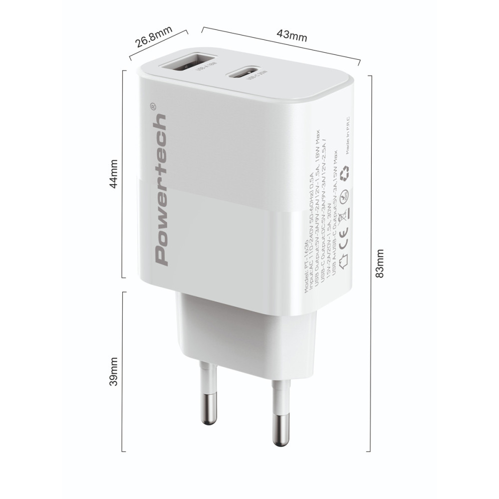 POWERTECH φορτιστής τοίχου PT-1636 με καλώδιο, USB/USB-C, 30W, GaN, λευκός