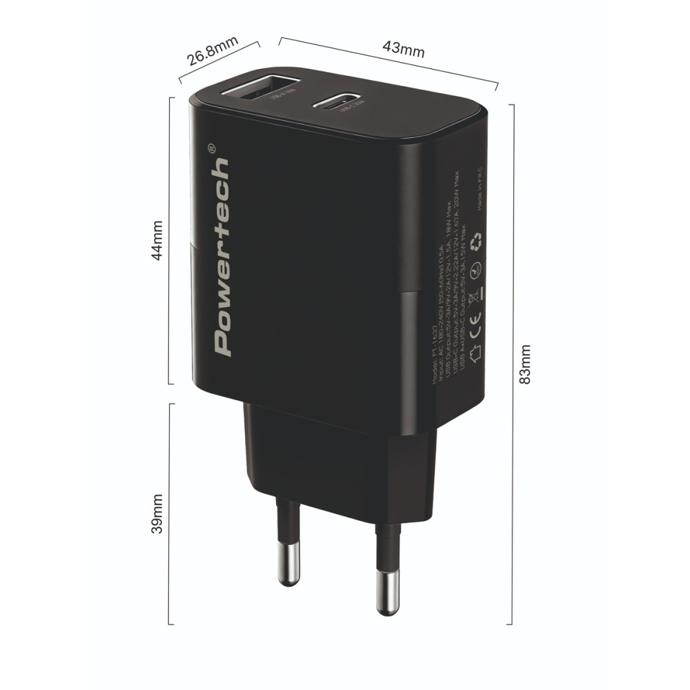 POWERTECH φορτιστής τοίχου PT-1637 με καλώδιο, USB/USB-C, 20W, μαύρος