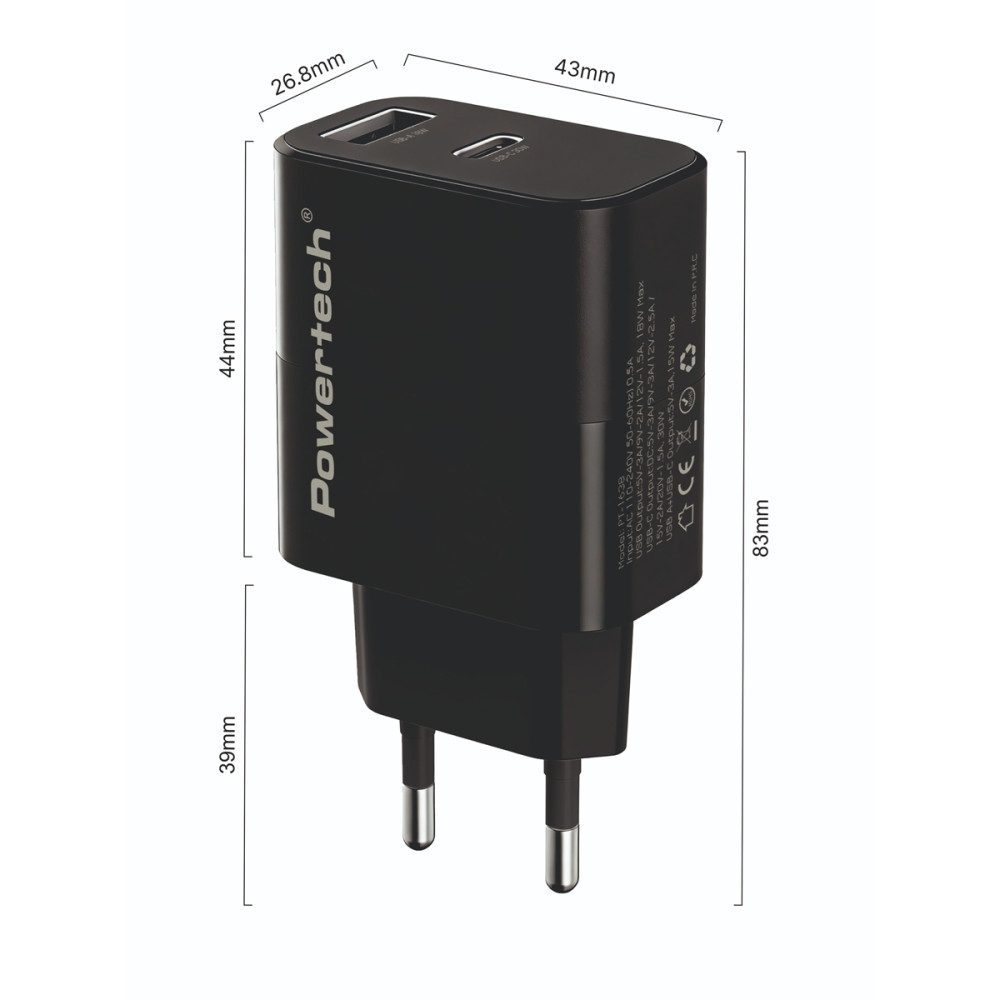 POWERTECH φορτιστής τοίχου PT-1638 με καλώδιο, USB/USB-C, 30W, GaN, μαύρος