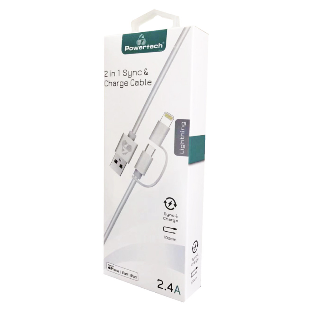 POWERTECH καλώδιο USB σε Micro/Lightning PT-707, MFi, 2.4A, 1m, λευκό