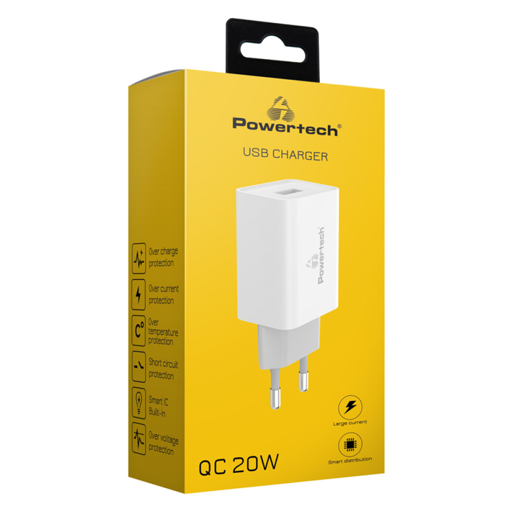 POWERTECH φορτιστής τοίχου PT-780, USB QC 3.0, 20W, 4A, λευκός