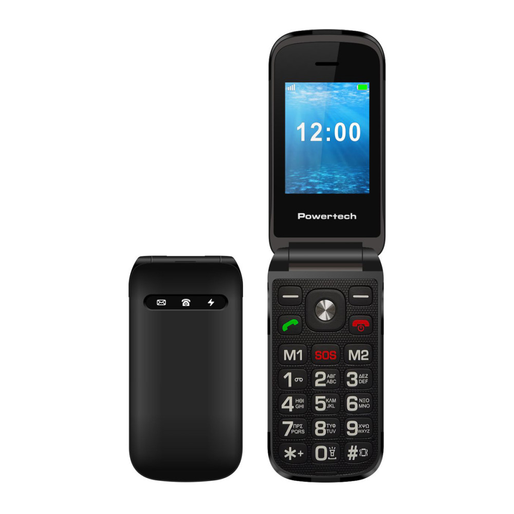 POWERTECH κινητό τηλέφωνο Milly Flip V2, 2.4", dual SIM, πλήκτρο SOS, μαύρο