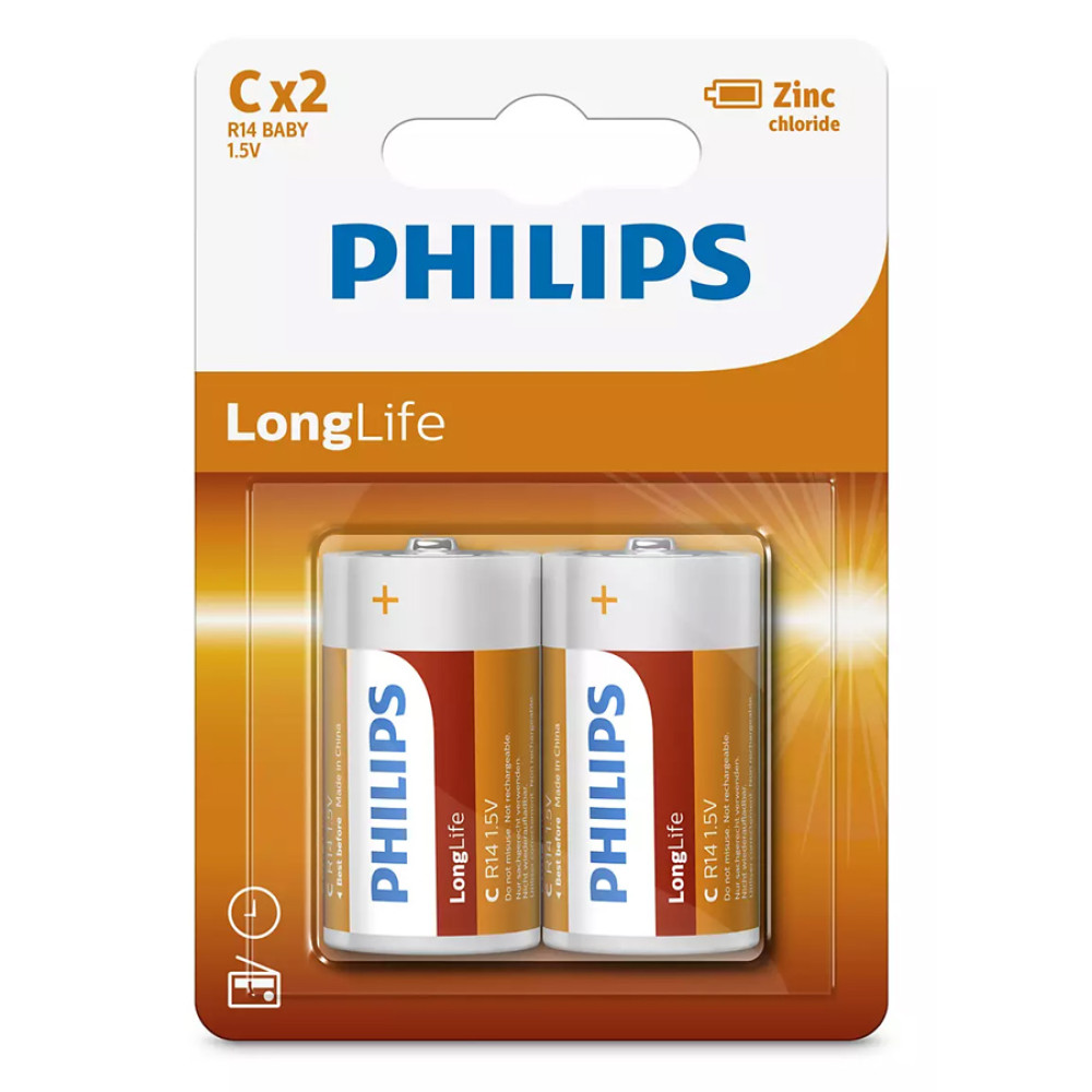 PHILIPS LongLife Zinc chloride μπαταρίες R14L2B/10, R14 1.5V, 2τμχ