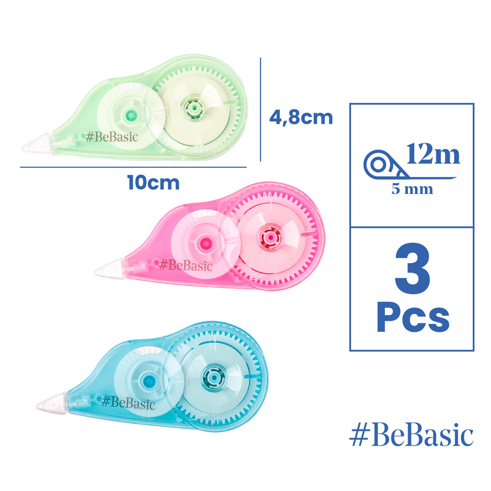 BEBASIC σετ διορθωτική ταινία S063, 5mm x 12m, μπλε/πράσινη/ροζ, 3τμχ