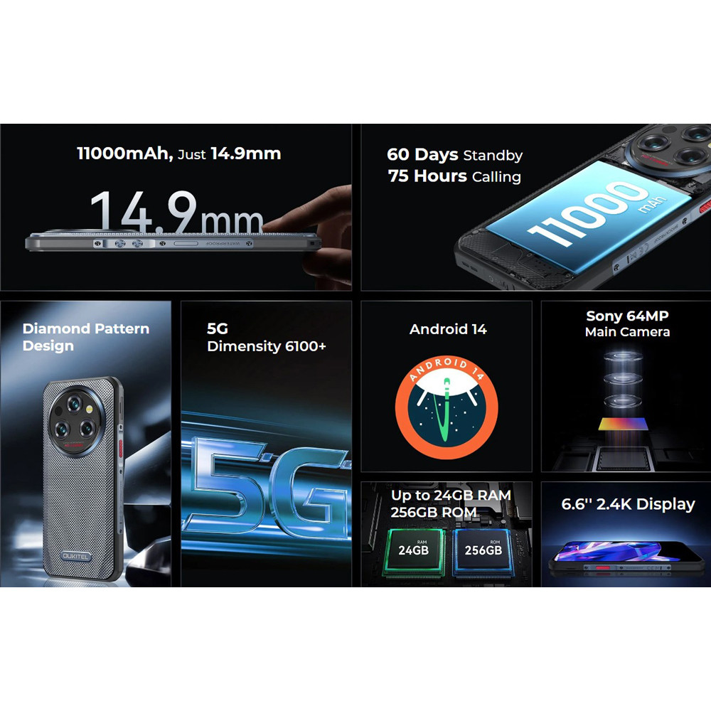 OUKITEL smartphone WP35, 6.6", 8/256GB, 5G, 11000mAh, IP68/IP69K, γκρι