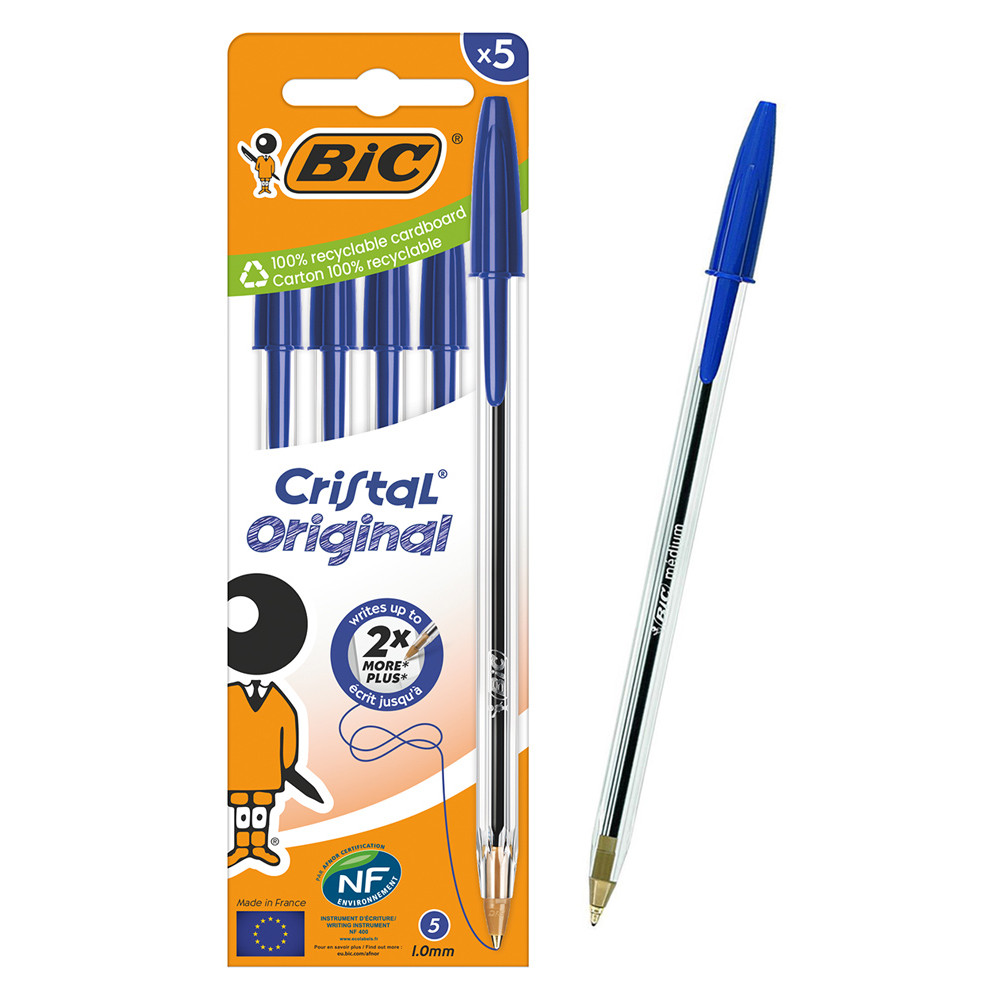 BIC στυλό διαρκείας ballpoint Cristal Original, 1mm μύτη, μπλε, 5τμχ