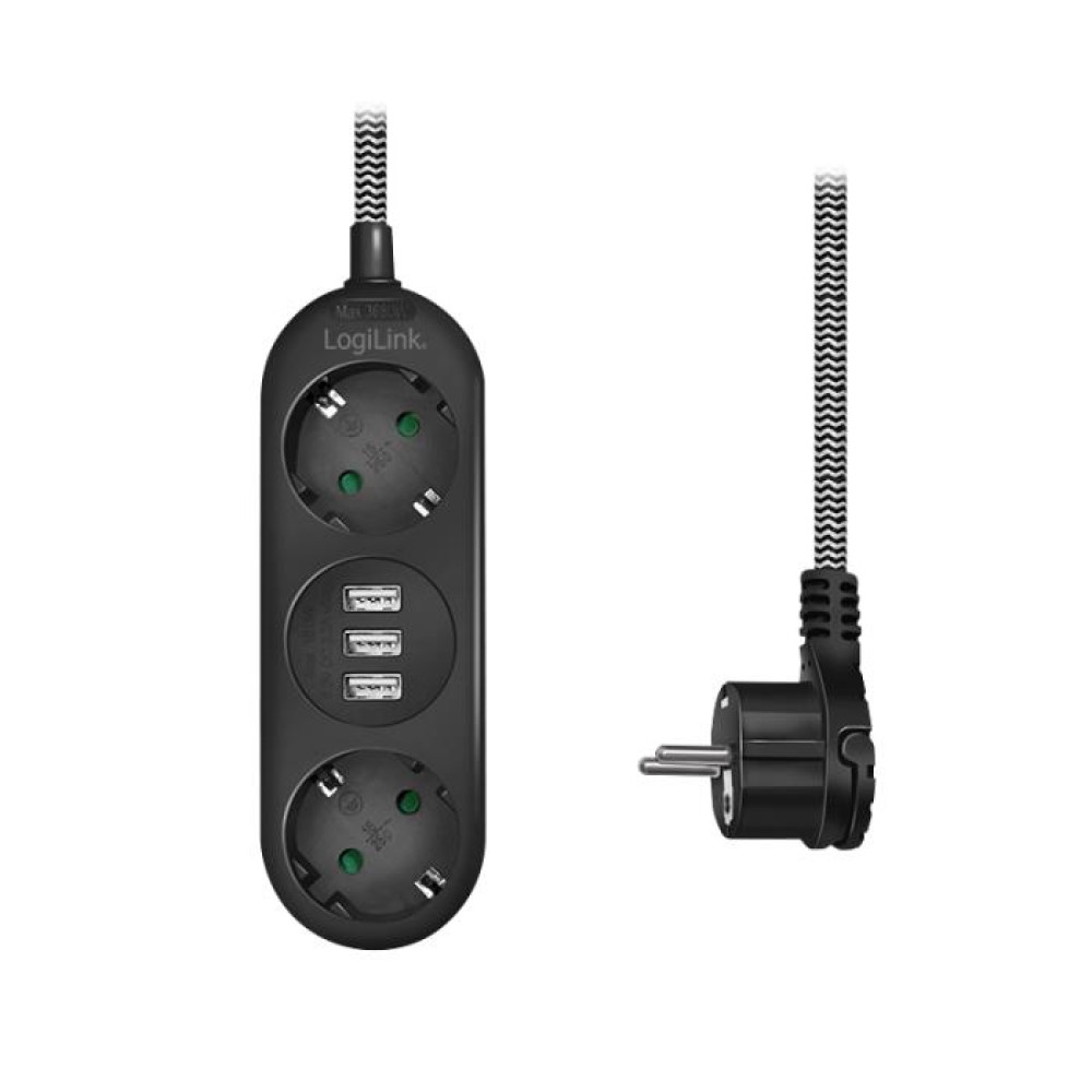 Πολύπριζο 2 Θέσεων LogiLink LPS262U, με 3 Θύρες USB 1.5m Μαύρο
