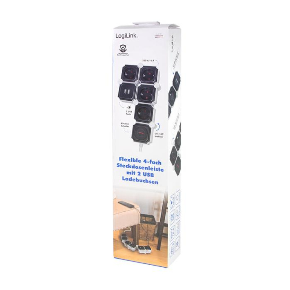 Πολύπριζο 4 Θέσεων LogiLink LPS276U, με 2 Θύρες USB 1.5m Λευκό