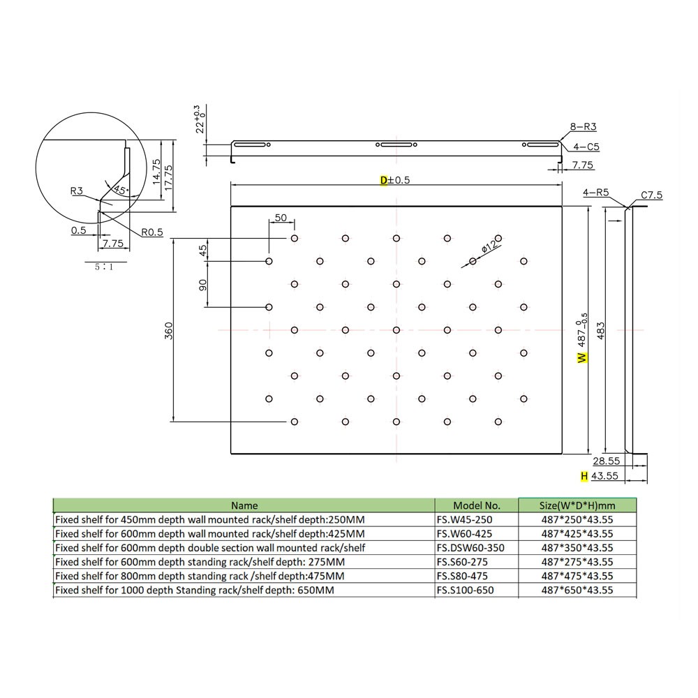 Σταθερό Ράφι Power On FS.DSW60-350 για Επιδαπέδια Καμπίνα Double Section Βάθους 600mm