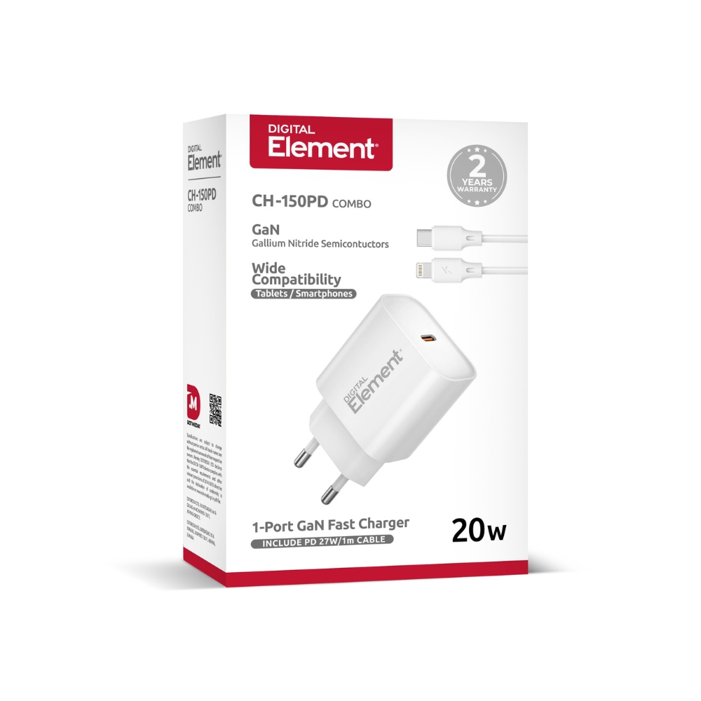 Φορτιστής Σπιτιού GaN PD 20W Element CH-150PD 1 Θέσης, με καλώδιo Lightning PD 27W 1m Λευκό