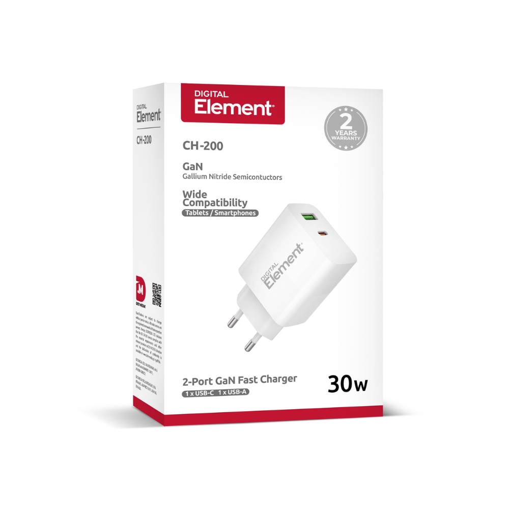Φορτιστής Σπιτιού GaN PD 30W Element CH-200 2 Θέσεων Λευκό