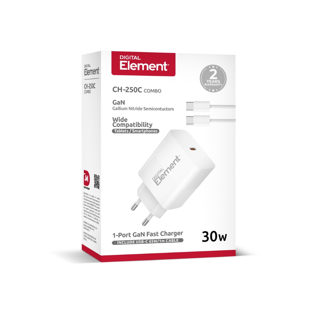 Φορτιστής Σπιτιού GaN PD 30W Element CH-250C 1 Θέσης, με καλώδιο USB-C 65W 1m Λευκό