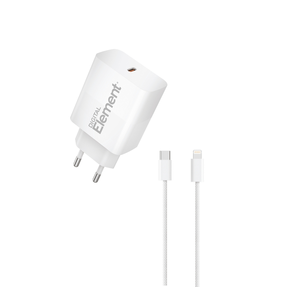 Φορτιστής Σπιτιού GaN PD 30W Element CH-250PD 1 Θέσης, με καλώδιο Lightning PD 27W 1m Λευκό