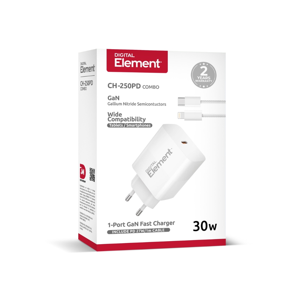 Φορτιστής Σπιτιού GaN PD 30W Element CH-250PD 1 Θέσης, με καλώδιο Lightning PD 27W 1m Λευκό