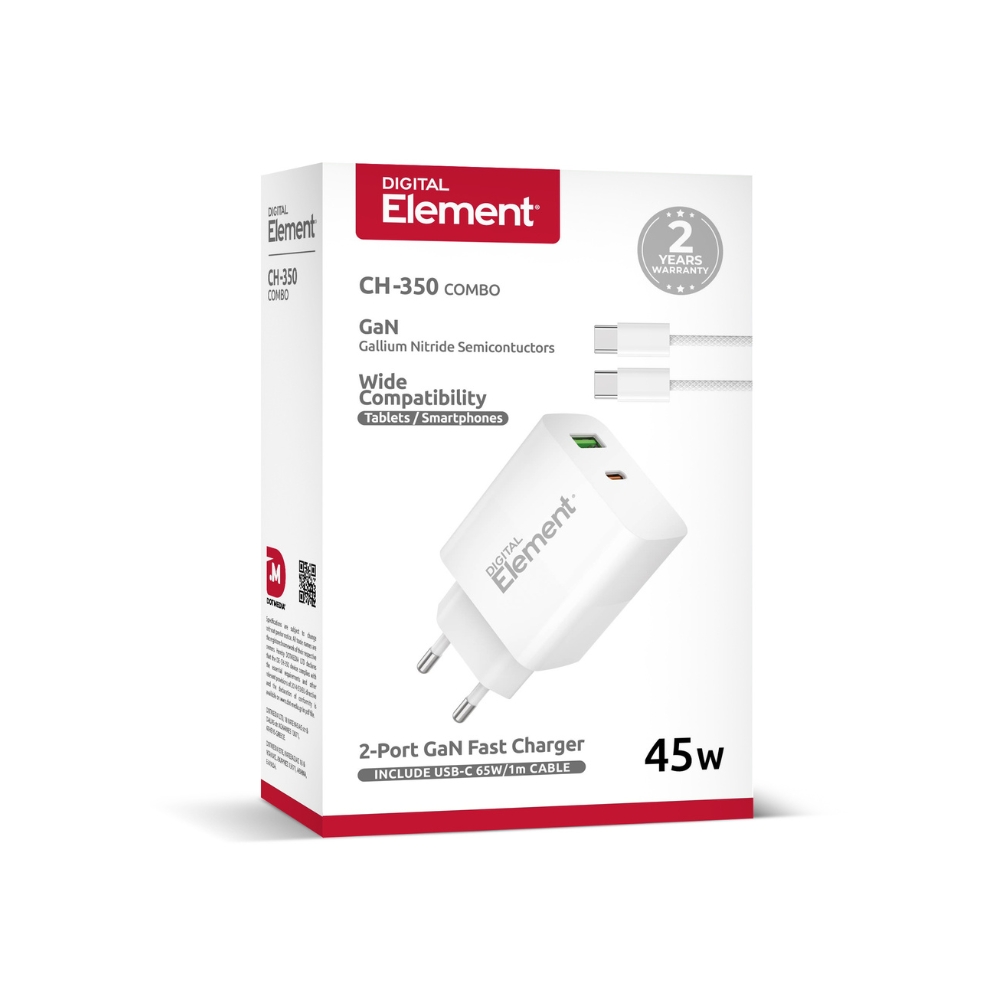Φορτιστής Σπιτιού GaN PD 45W Element CH-350 2 Θέσεων, με καλώδιο USB-C 65W 1m Λευκό