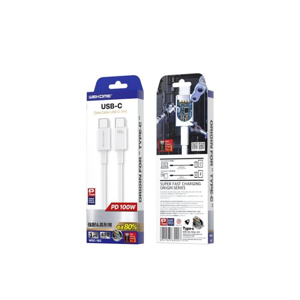 Καλώδιο Φόρτισης WK WDC-182 USB-C σε USB-C 100W 1m Λευκό