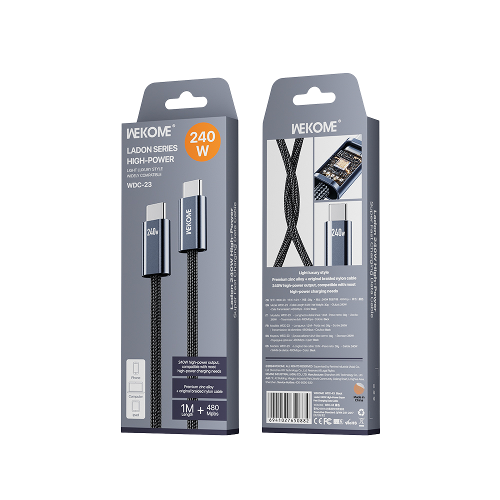 Καλώδιο Φόρτισης WK WDC-23 USB-C σε USB-C PD 240W 1m Μαύρο