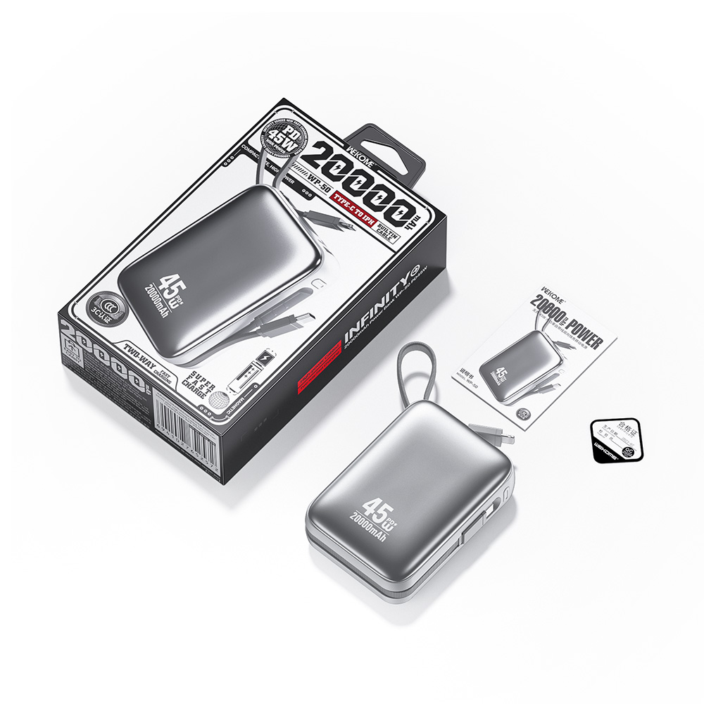 Power Bank 20000mAh PD 45W WK WP-50 2 Θέσεων, με καλώδιο USB-C/Lightning Λευκό