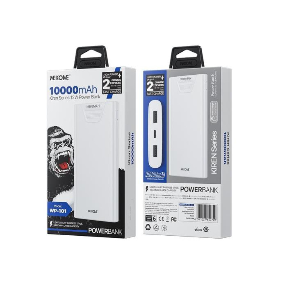 Power Bank 10000mAh 12W WK WP-101 2 Θέσεων Λευκό
