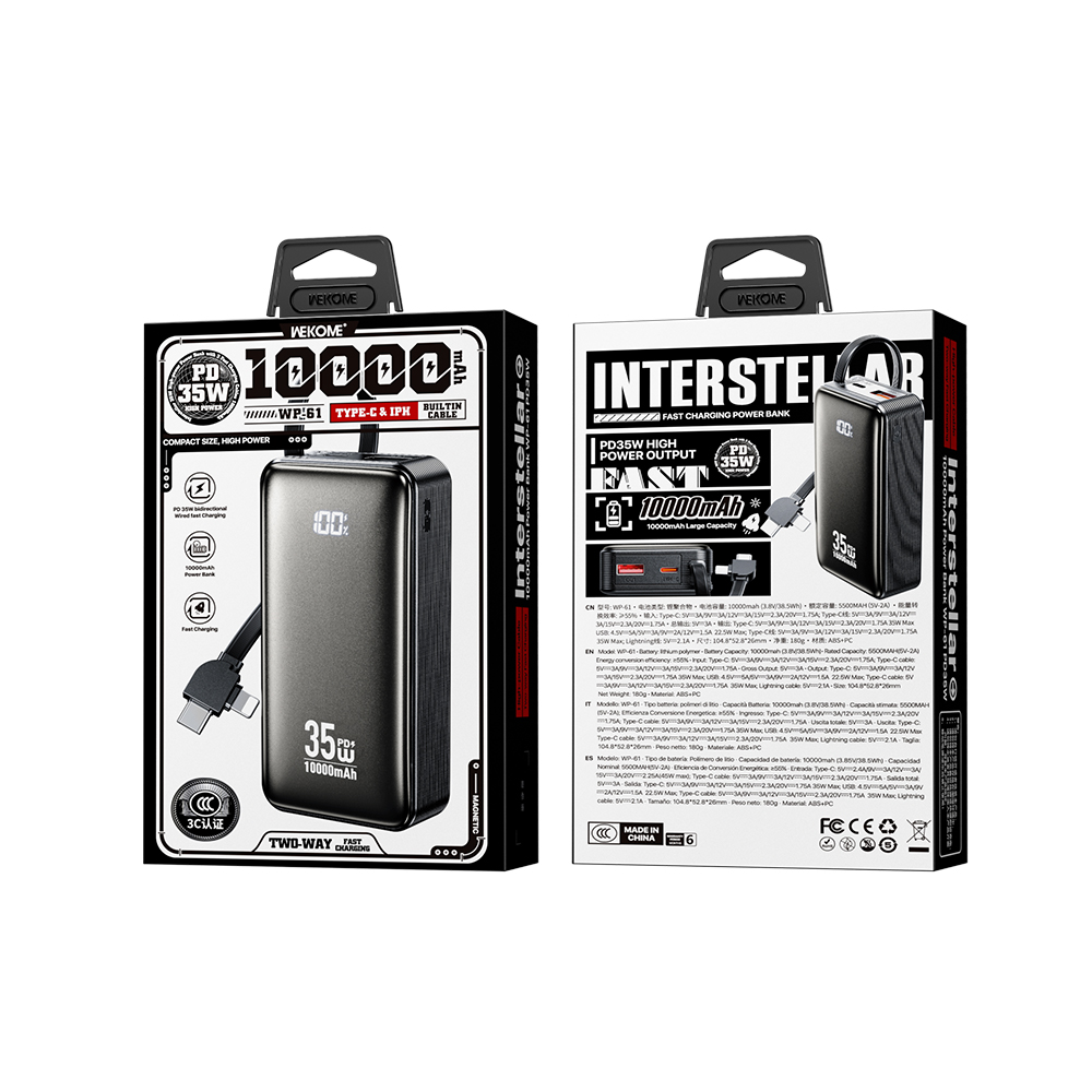 Power Bank 10000mAh PD 35W WK WP-61 2 Θέσεων, με καλώδιο USB-C/Lightning Μαύρο
