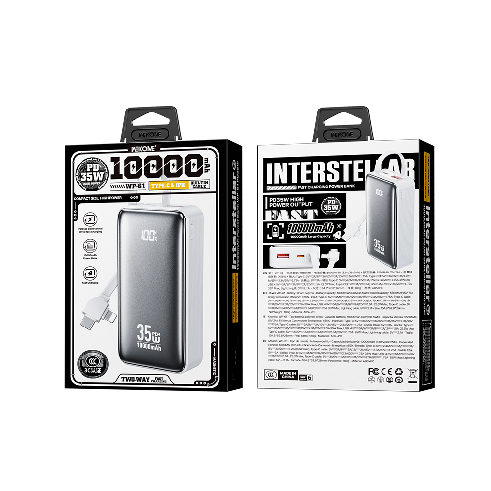 Power Bank 10000mAh PD 35W WK WP-61 2 Θέσεων, με καλώδιο USB-C/Lightning Λευκό