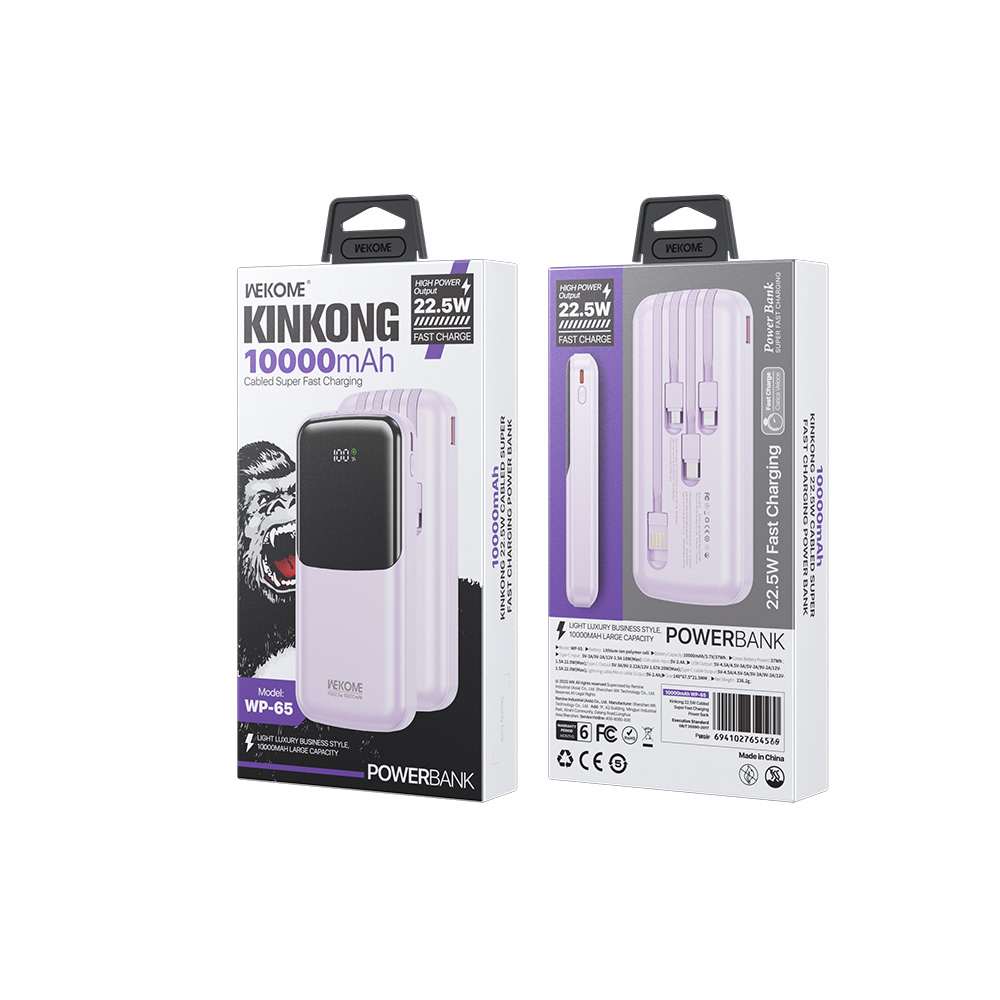 Power Bank 10000mAh PD 22,5W WK WP-65 2 Θέσεων, με καλώδιο USB-C/Lightning/Micro/USB Μωβ