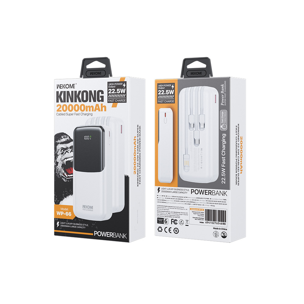 Power Bank 20000mAh PD 22,5W WK WP-66 2 Θέσεων, με καλώδιο USB-C/Lightning/Micro/USB Λευκό