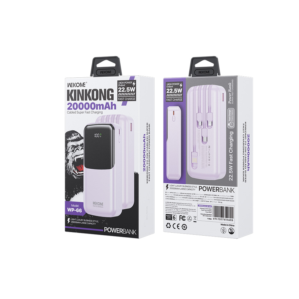 Power Bank 20000mAh PD 22,5W WK WP-66 2 Θέσεων, με καλώδιο USB-C/Lightning/Micro/USB Μωβ