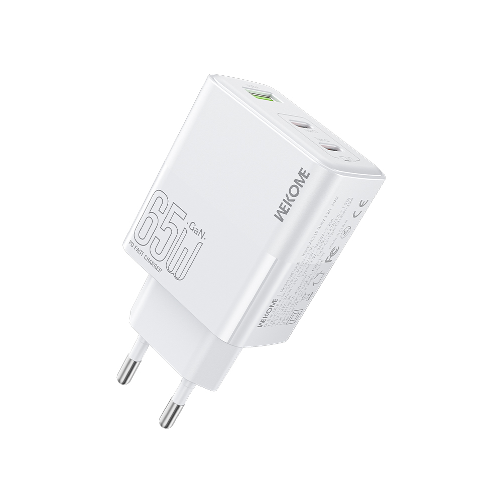 Φορτιστής Σπιτιού GaN PD 65W WK WP-U66 3 Θέσεων Λευκό